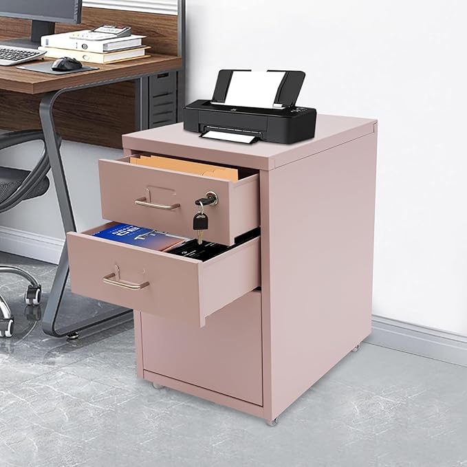 3-Drawer Vertical File Cabinet, 11*16*18.3in Rolling File Cabinet, Mobile Organizer Storage Cabinet with Lock, Office Filing Storage Cabinet Under Desk fits A4 Size, for Home Office (Pink)
