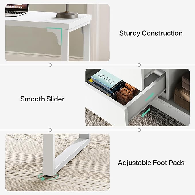 Tribesigns L-Shaped Computer Desk with Drawers and Shelves, Reversible White Corner Office Desk with Storage Cabinet, Modern Study Writing Table for Home Office, Bedroom