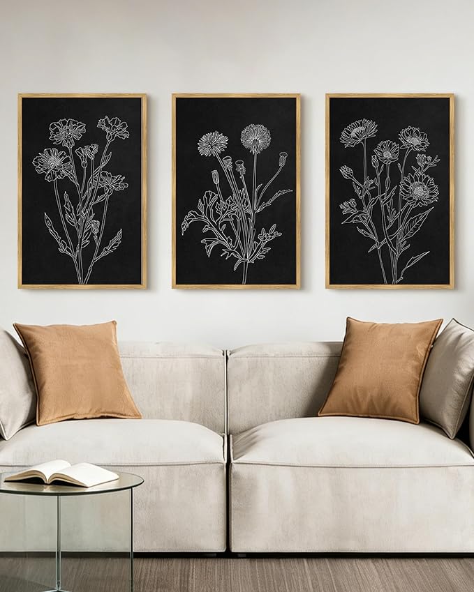 Drsoum Black White Flower Wall Art Vintage Minimalist Floral Wall Hanging Decor Bohemain Botanical Prints Artwork for Bedroom Living Room Hallway 16x24in Natural Framed