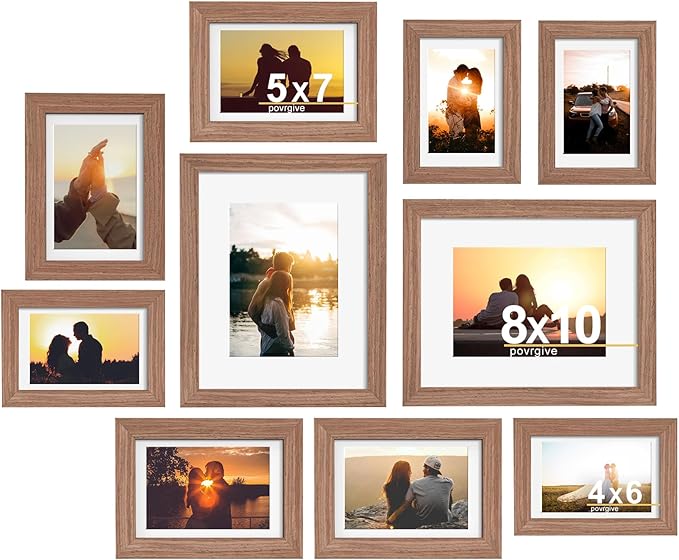 Picture Frames, Made of Real Glass and Wooden Frame, Gallery Photo Frames Set of 10 for Collage Wall Decor, Multi Sizes Including 8x10, 5x7, 4x6 for Mounting or Tabletop Display, Light Brown