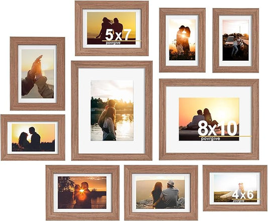 Picture Frames, Made of Real Glass and Wooden Frame, Gallery Photo Frames Set of 10 for Collage Wall Decor, Multi Sizes Including 8x10, 5x7, 4x6 for Mounting or Tabletop Display, Light Brown