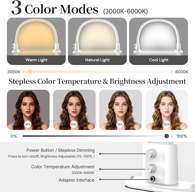 BLUVALL Half Moon Nail Lamp for Desk Portable Nail Desk Lamp with Phone Holder, Stepless Adjustment of Brightness and Color Temperature Desk Lamp for Nail Tech, Eyelash, Tattoo, Makeup (White)