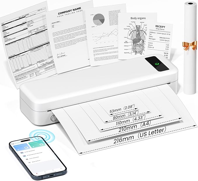 Portable Thermal Printer, A285M Bluetooth Portable Printers Wireless for Travel Home Use, Small Inkless Mobile Mini Compact Printer for Phone Laptop, Support 8.5'' x 11'' US Letter & A4 Thermal Paper