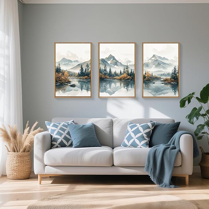 HLNIUC Large White Mountain Wall Art Framed, Snowy Green Forest Decor Set of 3 (24"x36"), Watercolor Winter Misty Nature Prints, Foggy Lake Landscape Canvas Painting for Living Room, Bedroom, Office
