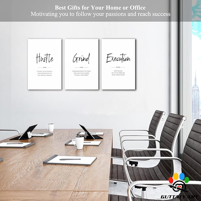 Office Wall Art - 3 Panel Motivational Wall Art, Inspirational Quotes Canvas Art for Home Office Wall Decor, Positive Quotes Wall Decor, Entrepreneur Grind Hustle Execution Poster Frame (16”x24”x3Pcs)