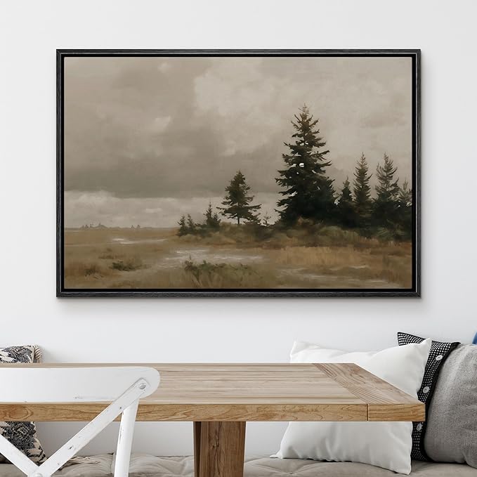 MUDECOR Framed Canvas Print Wall Art Tranquil Landscape with Evergreen Trees Muted Earth Tones Illustrations Minimalism Decorative Relax Colorful for Living Room, Bedroom, Office - 24"x36" BLACK