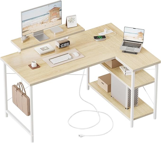 Mericonia Small L Shaped Computer Desk with Power Outlets, Reversible Gaming Desk with Storage Shelves & Monitor Stand, Corner Gamer Desk Table, Study Writing Table