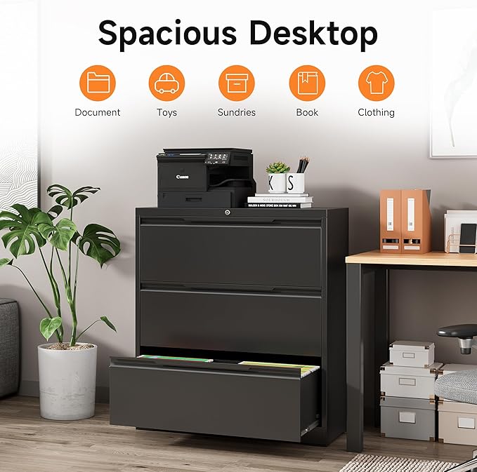 Coolsun Metal File Cabinet with Lock, 3 Drawer File Cabinet for Home Office, Lockable Lateral Filing Cabinet for A4/F4/Lagel/Letter (Black, 3 Drawer Lateral)