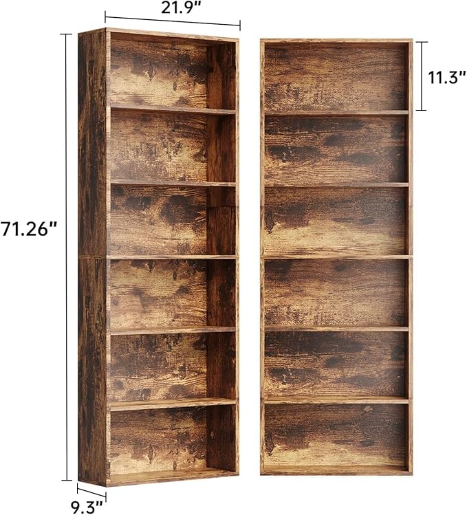 6-Tier Bookshelf & Bookcase Set of 2, Floor Standing Open Book Shelf, Wooden Display Storage Shelves with Anti-Tipping Device, 71" Tall Bookshelves for Bedroom, Living Room and Office, Brown