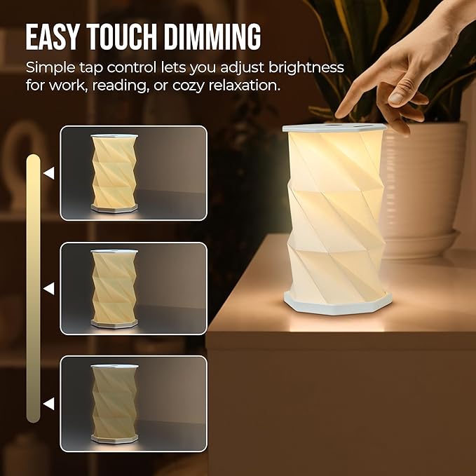 Origami Expanding Foldable LED Desk Lamp – USB Rechargeable & Portable - Dimmable Touch Control Light with Adjustable Height up to 8.25 for Office, Travel, Bedside - Sleek & Modern Design (White)