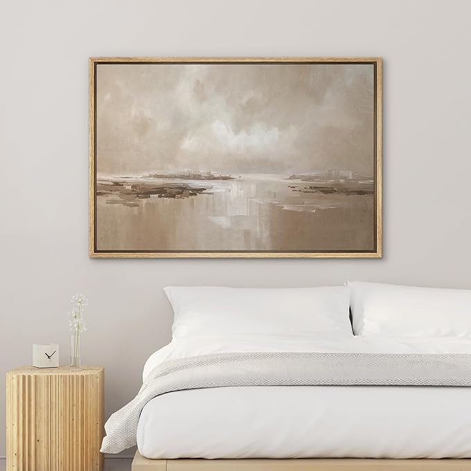 SIGNWIN Framed Canvas Print Wall Art Calm Coastal Horizon in Warm Neutral Tones Panorama Illustrations Modern Decorative for Living Room, Bedroom, Office - 16"x24" NATURAL
