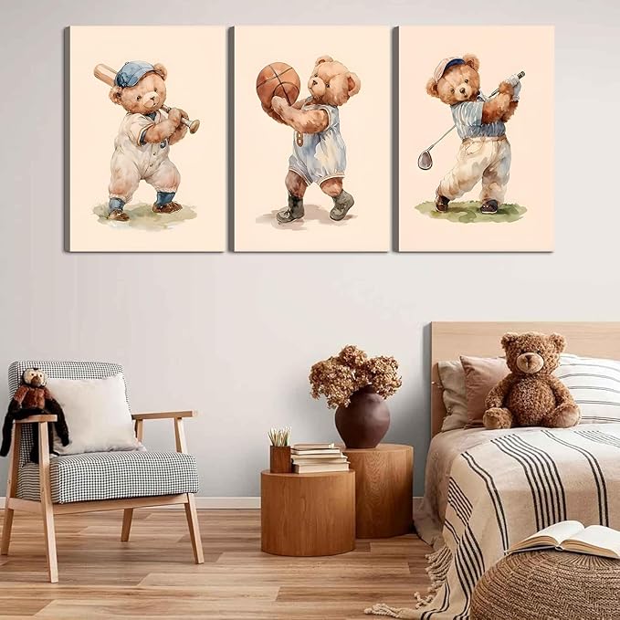 Teddy Bear Sports Nursery Animal Canvas Wall Art Cute Woodland Rugby Wall Decor Pictures Vintage Basketball Baseball Kids Room Poster Prints for Boys Room Bedroom Playroom Decorations16x24in canvas