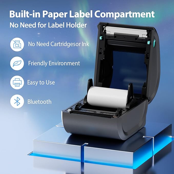 Bluetooth Shipping Label Printer with 1 Roll Labels - D520BT Thermal Label Printer, Thermal Printers with Built-in Label Holder, Come with 500PCS 4x6‬ White Labels (500 Labels/Roll)
