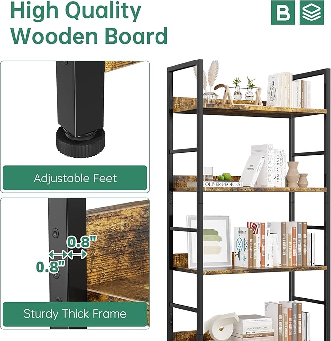 Bookshelf, 5 Tier Industrial Bookcase, Vertical Tall Bookshelf, Wood and Black Metal Open Shelves, Farmhouse Storage Rack for Living Room, Home Office, Bedroom, Rustic Brown