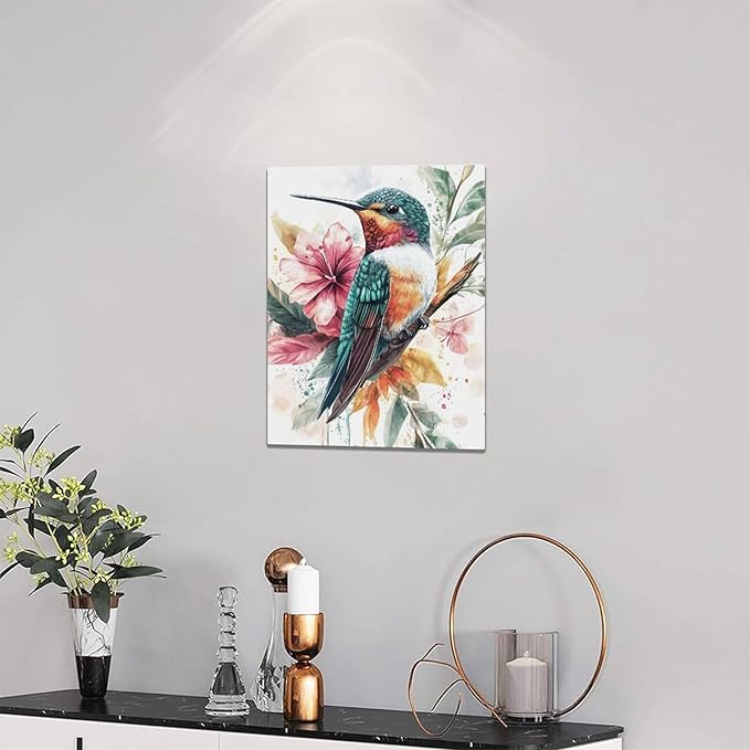 Watercolor Hummingbird Wall Art Country Flower Bird Pictures Wall Decor Colorful Canvas Painting Modern Home Artwork Decorations for Bathroom Bedroom Living Room Office Framed 12"x16"