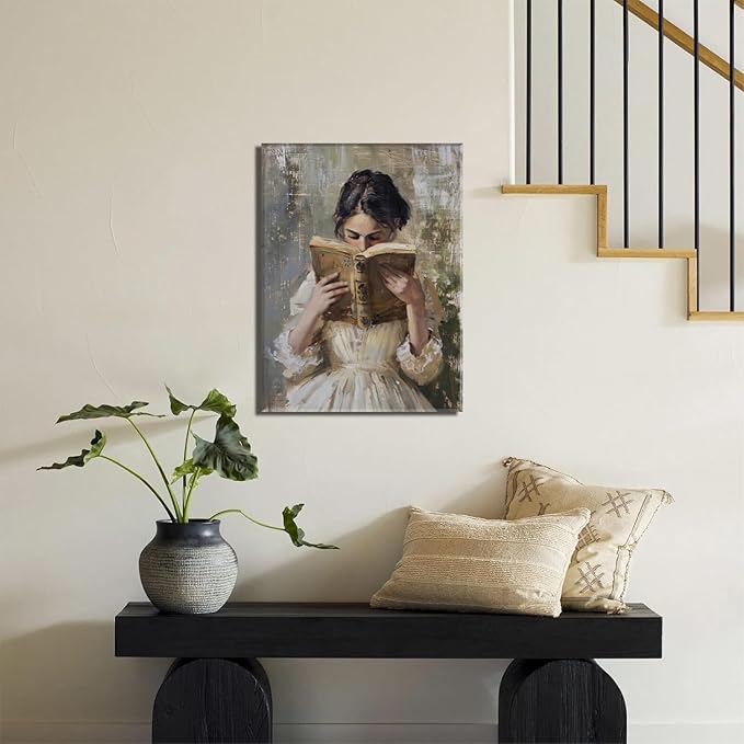 Vintage Victorian Woman Reading Book Wall Art Light Academia Wall Decor Paintings Picture Moody Girl Aesthetic Poster Canvas Print for Bedroom Living Room Dorm Library Nook 16x24 Inch Framed