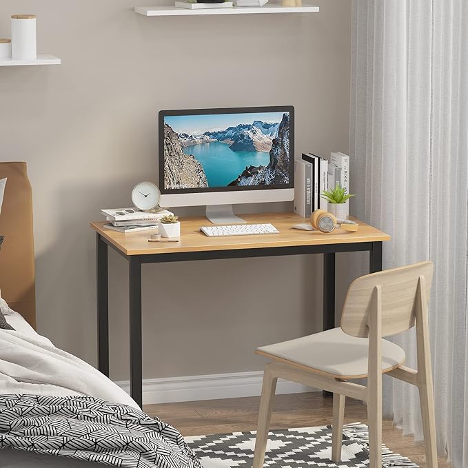 Need 39 Inch Small Computer Desk, Modern Simple Style Writing Desk for Home Office, Basic PC Work Desk with Black Metal Frame, Teak