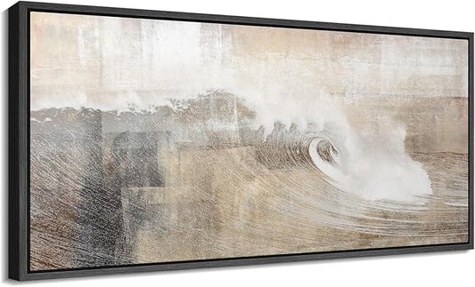 SIGNFORD Extra Large Framed Canvas Neutral Ocean Wave Abstract Illustrations Modern Art Calm Warm for Living Room, Bedroom, Office - 60"x30"
