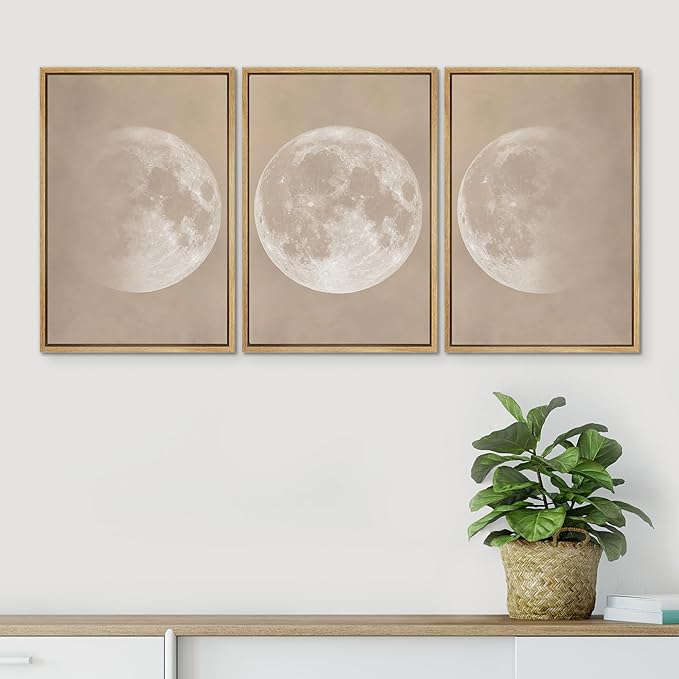 SIGNWIN Framed Canvas Print Wall Art Full Moon Minimalist Beige and Black Toned Lunar Nature Wilderness Modern Art Cool for Living Room, Bedroom, Office - 16"x24"x3 Natural