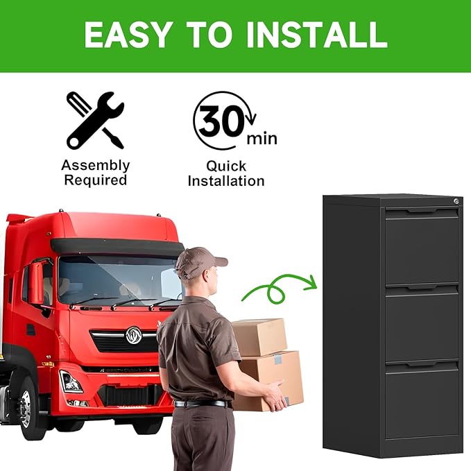 3 Drawer File Cabinet with Lock,Metal Vertical Filing Cabinets for Home Office,Heavy Duty File Storage Cabinet for Letter/Legal/A4/F4 Size File,Easy to Assemble,Black