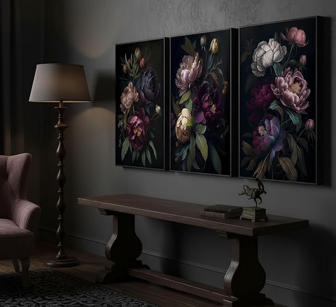 3 Pcs Moody Floral Canvas Wall Art Vintage Dark Peony Flowers Botanical Still Life Painting Picture Wall Decor Poster Print Artwork for Living Room Bedroom Women Room Home Decoration Unframed