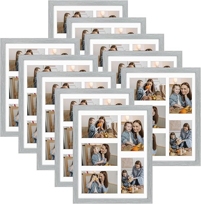 Golden State Art, 11x14 Grey Wooden Frame with White Mat - Displays Five 4x6 Photos - Tempered Glass - Wall Mounting, Portrait, Set of 10