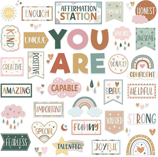 45pcs Boho Affirmation Station Bulletin Board Set Motivational Posters Classroom Mirror Growth Mindset Decor Positive Affirmations Accents Cutouts for School Office Home Teacher Wall Supply