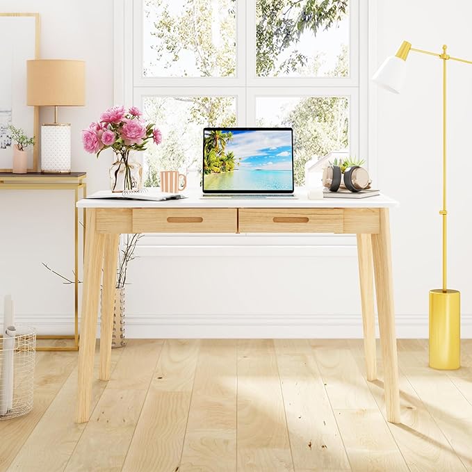Home Office Computer Desk Coner Desk with 2 Drawers, Study Writing Table for Home Office, Study, White & Natural (39.3 ”W x 23.6”D x 29.1”H)