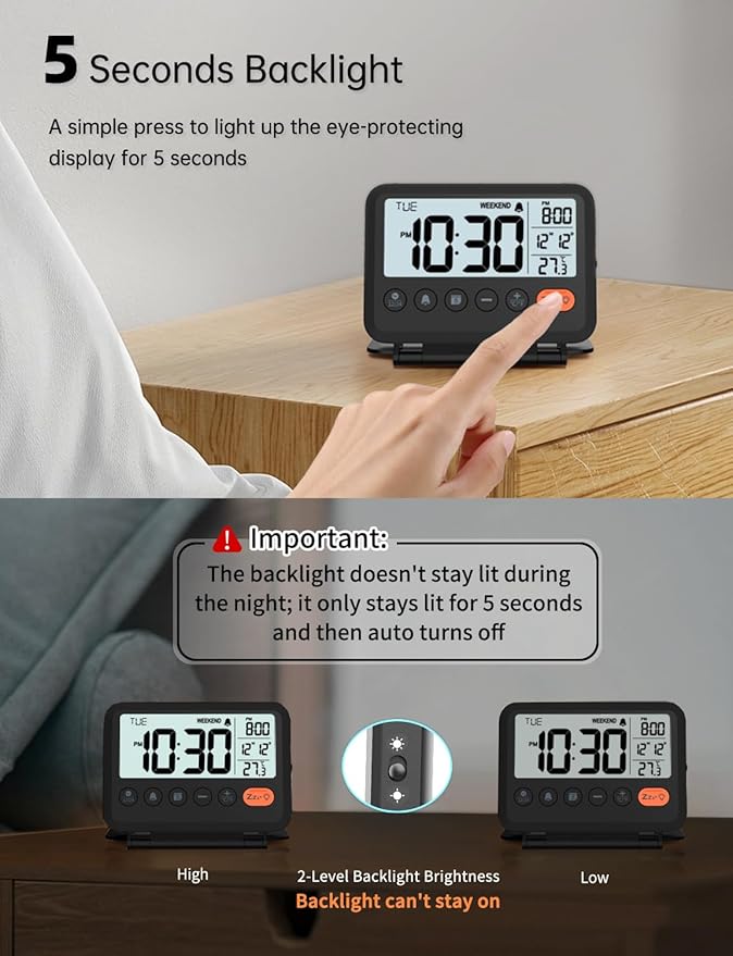 Digital Travel Alarm Clock, Black, 3.54 inch LCD Display, 9-Minute Snooze, 2 Volume Levels, Backlight, Battery Included