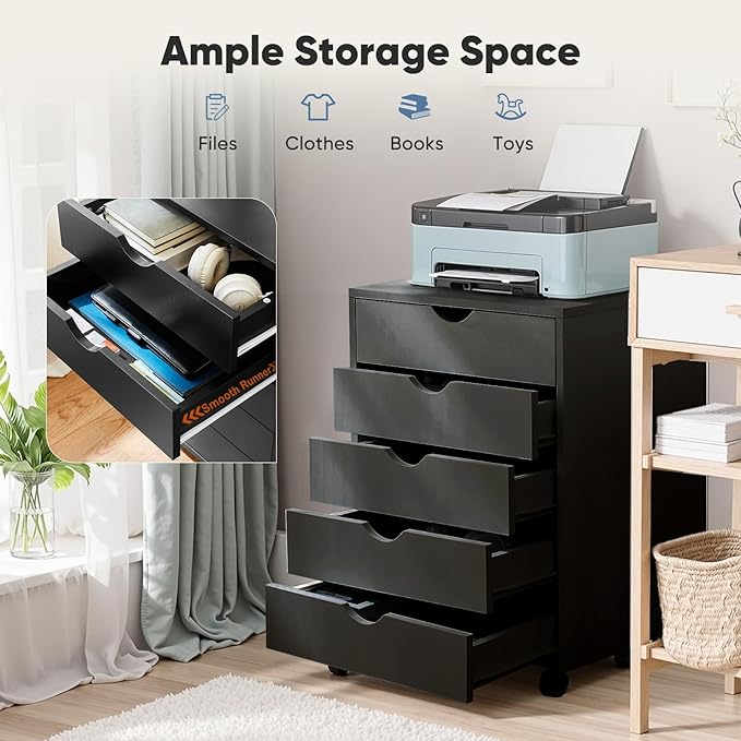 NEWBULIG 5 Drawers Mobile File Cabinet Under Desk Storage with Wheels Office Filing Cabinets Small Wooden Rolling Chest of Dawers for Home Office Black