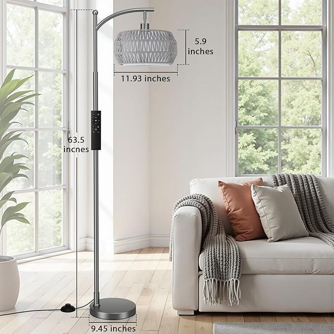Ambimall Arc Floor Lamp for Living Room with Remote, Color Temperature & Brightness Adjustable, Bohemia Standing Lamp with Rattan & Fabric Double Drum Shades, Bulb Included(Deep Gray)