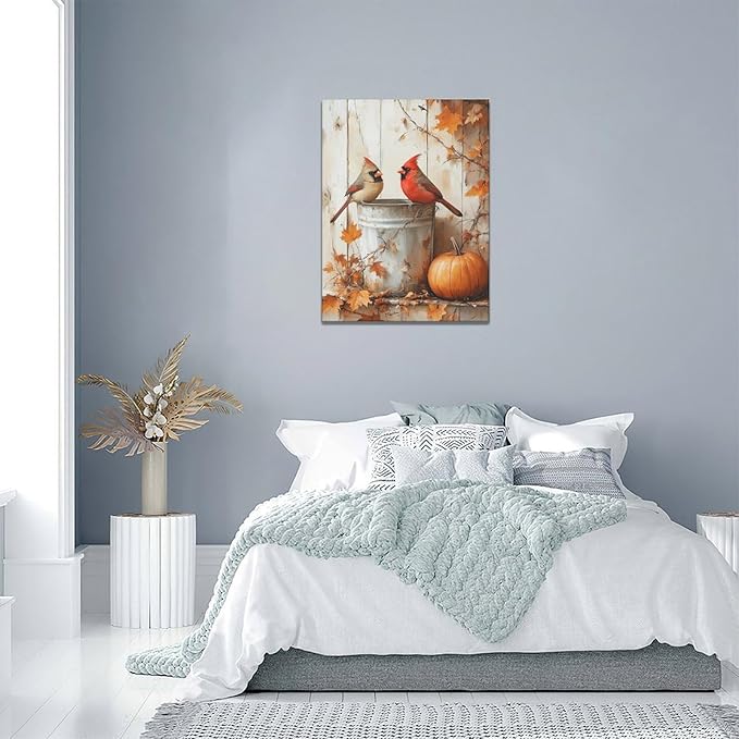 Fall Cardinal Wall Art Autumn Pumpkin Leaf Pictures Wall Decor Cardinals Canvas Painting Modern Artwork Home Decoration for Living Room Bathroom Bedroom Office Framed 12"x16"