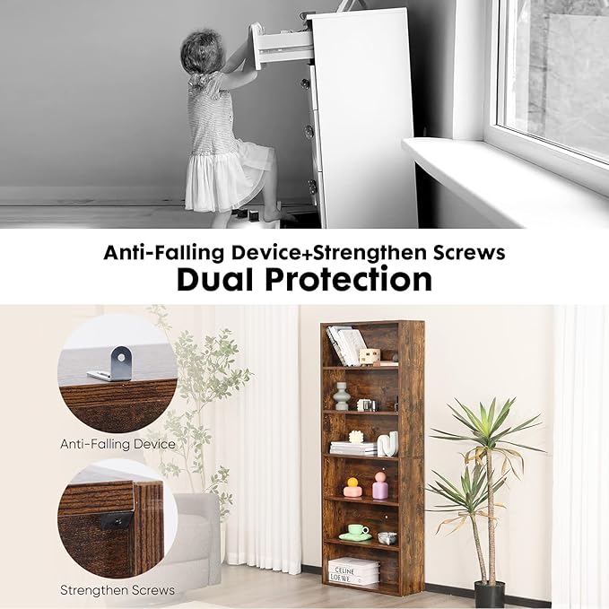 Book Shelf, 6-Tier Bookcase with Adjustable Shelves, Open Storage Shelves for Organization, 23.82 x 9.25 x 63, for Bedroom, Living Room, Home, Office, Rustic Brown