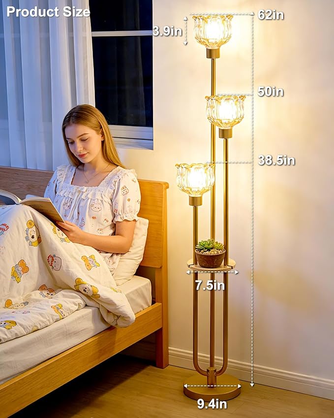 Lightdot Glass Floor Lamp for Living Room 3-Lights Modern Dimmable Gold Floor Lamp with Amber Glass Shade & 3000K Bulbs Included Unique Tall Standing Lamp for Bedroom/Sofa Beside/Corner Decor