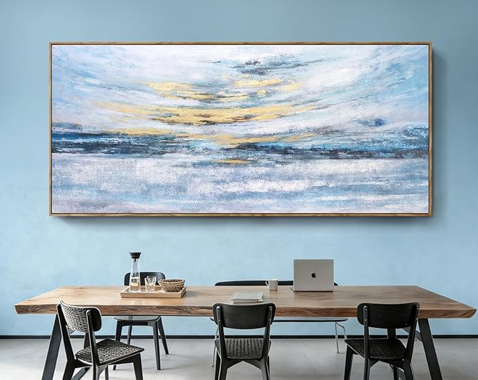 Nicetop 86x39 Extra Large Abstract Ocean Sunset Wall Art, Hand-Applied Gold Foil & Hand-Painted Texture, Serene Coastal Oil Painting, Natural Wood Frame, Modern Decor for Living Room Bedroom Office