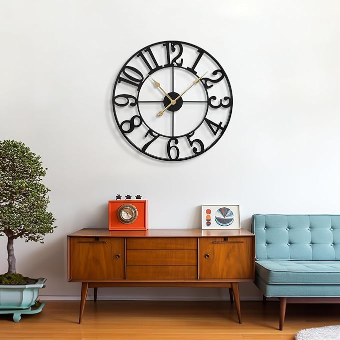 LEIKE Large Wall Clocks,Silent,Non Ticking,Battery Operated Rustic Round Modern Big Metal Wall Clock for Living Room, Bedroom,Kitchen,Farmhouse,Office,Home Decor-16 Inch(Black-Arabic Number)