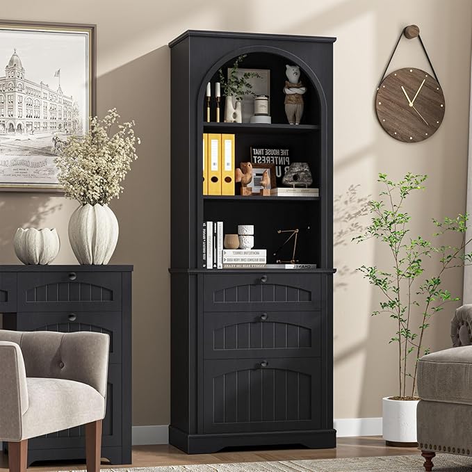 Farmhouse File Cabinet Fits Letter/Legal/A4 Size Hanging File Folders, 3-Tier Floor Standing Bookcase with File Drawer and Open Shelf, Wood Filing Cabinet Printer Stand for Home Office, Black