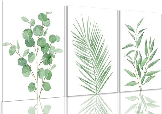 Bwodke Botanical Wall Art Plant Floral Watercolor Poster Canvas Prints Set of 3 Framed Sage Green Painting Eucalyptus Leaf Picture Modern Minimalist Home Decor Bedroom Bathroom Living Room 12"x16"