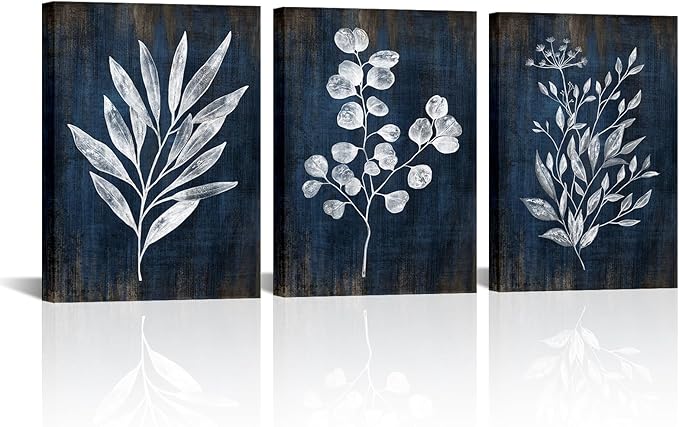 Conipit Navy Blue Botanical Painting Rustic Botanical Wall Art Canvas Abstract Blue White Leaf Plant Artwork Prints Framed For Living Room Bedroom Wall Decor 12''X16''X3pcs