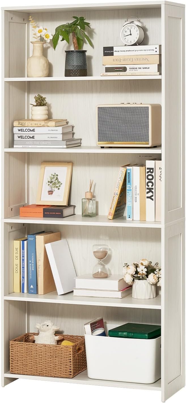 VEVOR 5 Tiers Wide Bookshelf, 68 in Wooden Open Bookcase with Display Storage Organizer Shelf, Freestanding Tall Display Floor Bookcase Bookshelf for Library, Bedroom, Living Room, Office, White
