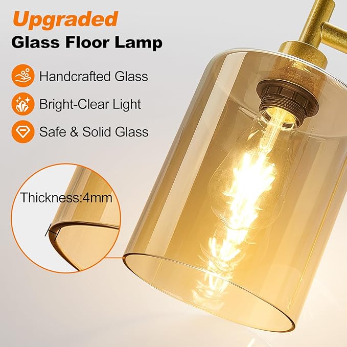 【Upgraded】Gold Dimmable Floor Lamp for Living Room with Amber Glass Lampshade, Glass Modern Floor Lamp with 900LM Bulb Included, Bright Standing Tall Lamp for Bedroom, Office, Reading Room, Corner