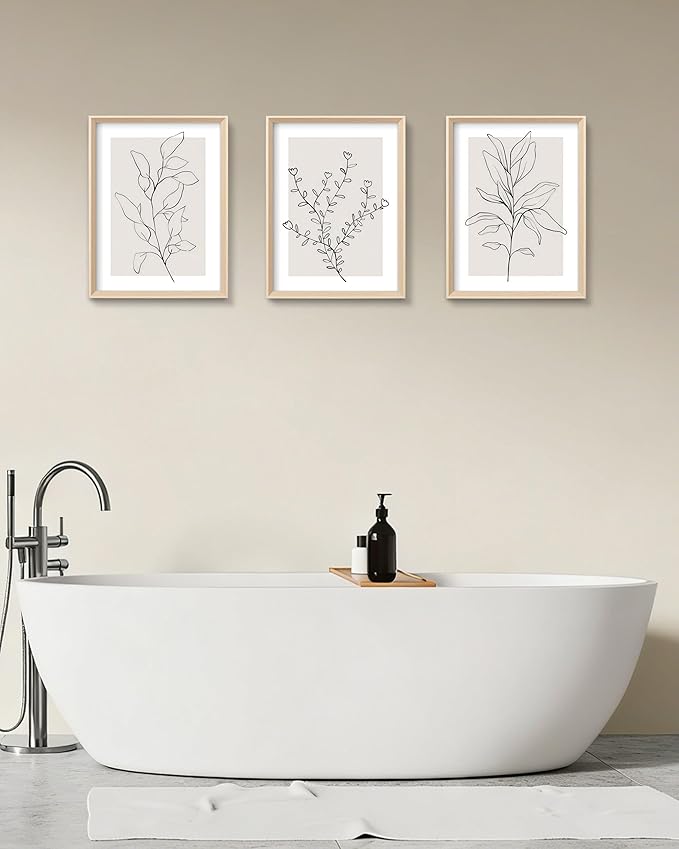 HesenDot 12x16in Botanical High Framed Wall Art Set of 3, Minimalist Line Drawing Plant Canvas Prints, Neutral Modern Nature Wall Decor for Living Room Bedroom Bathroom Office