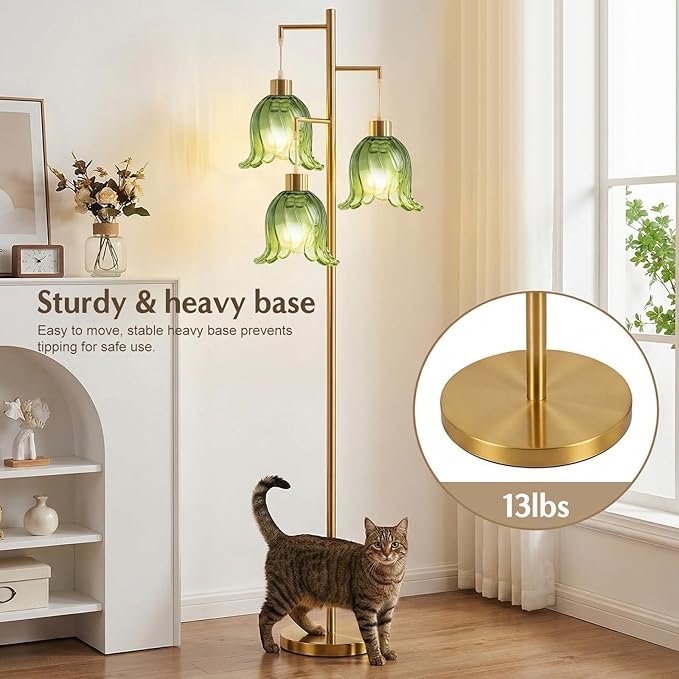 Gold Floor Lamp for Living Room,Bedroom,Tree 3 Light Standing Lamp Mid Century Modern Tall Floor Lamps Vintage Retro Floor Lights Unique Glass Green Flower Lamp Shade Farmhouse Boho Bohemian
