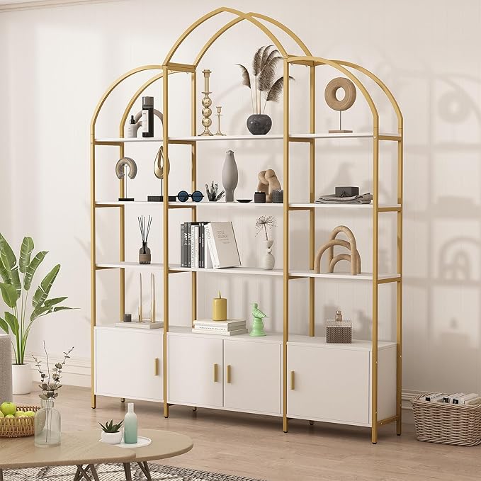 86" Gold Bookshelf, Triple Wide 5 Tier Arched Bookshelves & Bookcases with Storage, Large Modern Metal Book Shelf Stand for Bedroom/Living Room/Office Display Shelves, White & Gold