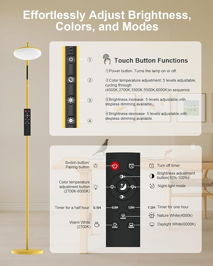 LED Floor Lamp, 36W Super Bright Standing Lamp with Remote & Touch Control, 69" Stepless Dimmable Torchiere Tall Lamp, 350° Rotating Head Floor Lamp for Bedroom, Living Room, Office, Gold