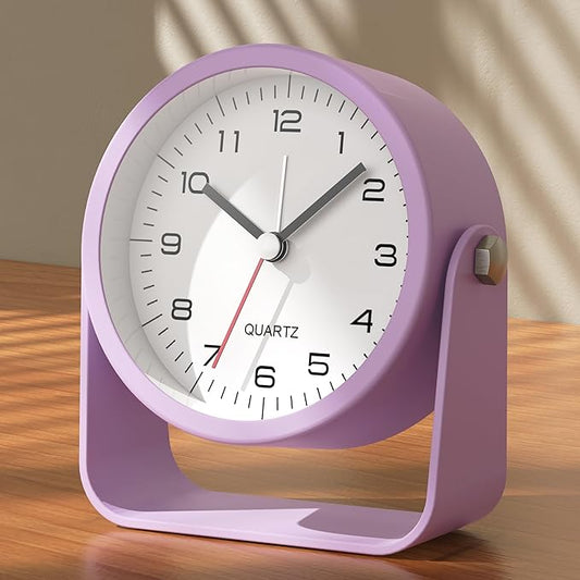 AYRELY® 3.5 Inch Small Analog Alarm Clocks,Battery Operated Desk Clock,Cute Table Clock with Light，Adjustable Angle for Travel,Bedside,Bedroom,Kids,Living Room Decor (Purple)