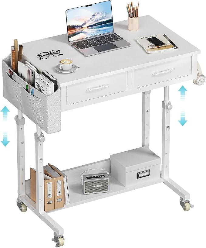 Small White Portable Rolling Standing Desk with Drawers & Storage Shelf, 32 Inch Mobile Stand Up Desk Adjustable Height with Wheels for Home Office, Kids Desks Couch Sofa Side Laptop Craft Table
