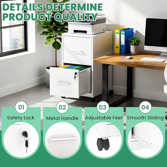 2-Drawer Mobile File Cabinet with Lock & Wheels,Under Desk File Cabinets for Home Office,Steel Rolling Cabinet for Legal/Letter Files(White)