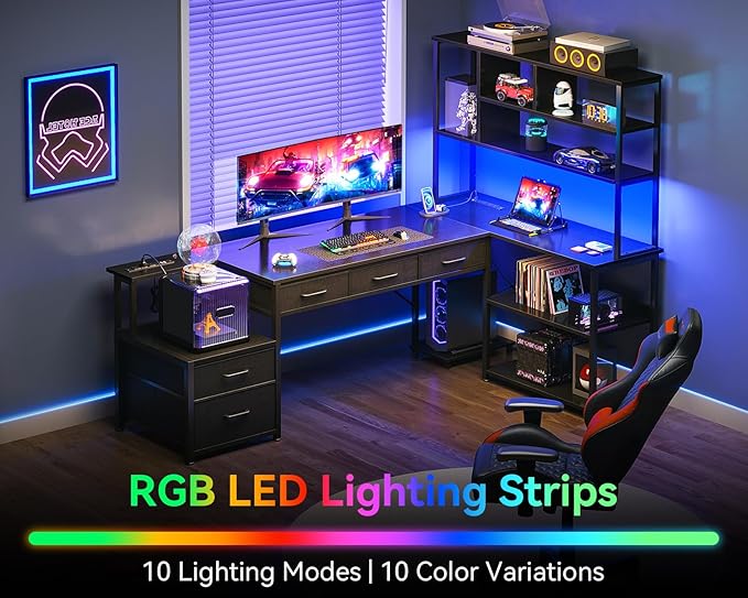 AODK 71 inch L Shaped Desk with 5 Drawers, Reversible L Shaped Gaming Desk with LED Light & 2 Power Outlets, Computer Desk with Storage Shelves for Home Office, Black
