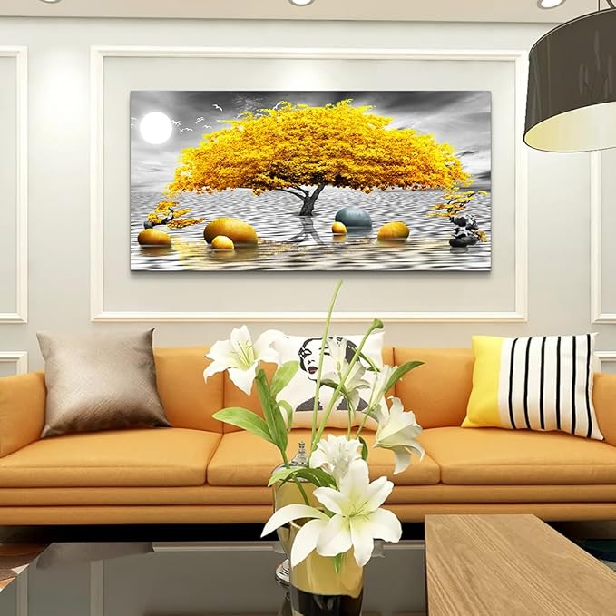 Wapluam Farmhouse Canvas Wall Art For Living Room & Office - Large Wall Decor - Black & White Wall Painting - Yellow Tree View - Framed Prints - 30"X60"